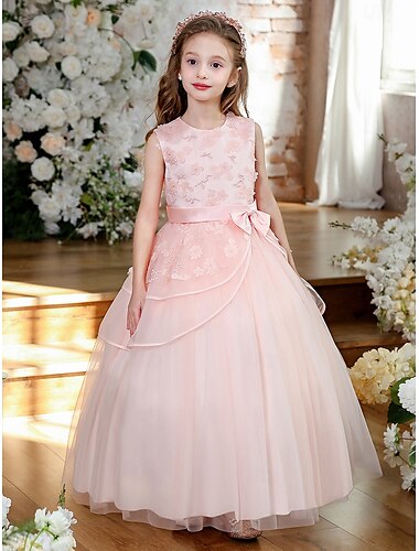  Prinzessin Knöchellänge Blumenmädchenkleid Quinceanera Mädchen Süßes Ballkleid Spitze mit Schleife(n) Mini-Hochzeit Fit 3-16 Jahre