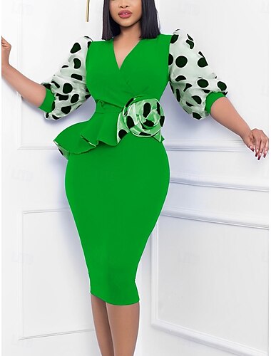 Kentucky Derby Damen Midi Kleid Bodycon Elegant Formal Party Hochzeitsgast Verlobung Reguläre Passform Grafisch 3/4 Ärmel V-Ausschnitt Schwarz Gelb Rot Blau Sommer