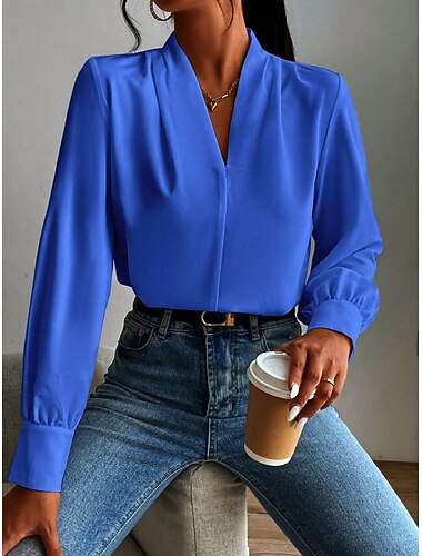  Damen Hemd Bluse Feste Farbe Stilvoll Brautkleider schlicht Langarm V Ausschnitt Normale Oberteile Täglich Knopf Tasche Schwarz Weiß Gelb Blau Grün Sommer Frühling