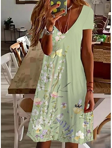  Damen Mini Kleid Petite Kleid T-Shirt Kleid Tee Kleid Sommerkleid A-Linie Kleid Elegant Vintage Stylish Urlaub Geburtstag Casual Regular Fit Floral Grafik Paisley Kurzarm V-Ausschnitt Perle