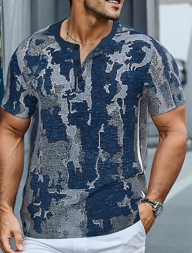  Herren Jeansstoff Faux-Patchwork-Muster T Shirt Henley Hemd Kurzarm Designer Retro Vintage Lässig Täglich Straße Sommer Frühling Marineblau Henley Henley T-Shirt