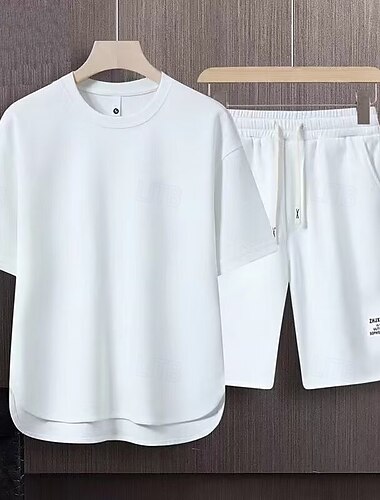  Hombre Conjunto de entrenamiento Tracksuit Camiseta y pantalones cortos Conjunto Conjunto de atuendo Cuello Barco Exterior Diario Deportes Bolsillo Correa 2 Piezas Plano Negro Blanco Albaricoque