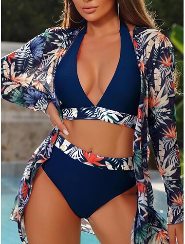  Damen Badeanzug Bikinis Drei Stück Unterhosen Bademode Rückenfrei Schlank Hoch tailliert Urlaub Strandbekleidung Blumen Halfterhals Langarm Badeanzüge
