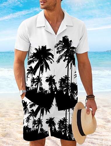  Per uomo Palma di Cocco 2 pezzi Set di camicie Camicia Manica Corta Pantaloni corti Colletto cubano Vacanza Hawaiano Feste Casuale Quotidiano Stampa 3D Estate Rosso rubino Bianco Giallo