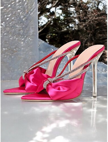  sandales à talons en satin rose vif avec nœud en strass pour femmes – talons aiguilles glamour à bout pointu pour les fêtes et les soirées