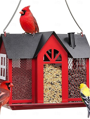  Voederhuisje voor buiten, metalen gaas voederhuisje voor wilde vogels met drie voederbakken voor vink, kardinaal, mees, grote capaciteit, weerbestendig en duurzaam