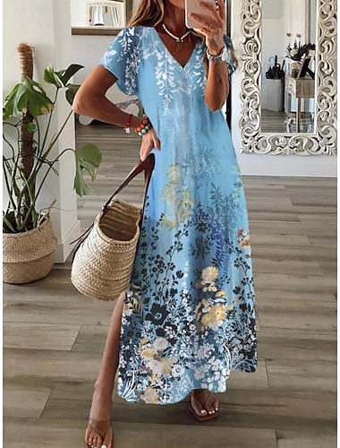  Mujer Vestido maxi Vestido de cachemira Vestido informal Vestido bohemio de manga larga Vestido de una línea Bohemia Vacaciones Vintage Vacaciones Diario Ajuste regular Floral Manga Corta Escote en