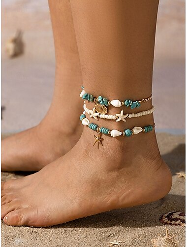  Boho-Strand-Fußkettchen-Set für Damen – handgefertigte Fußkettchen mit Muschel- und türkisfarbenen Perlen und Seesternen, sommerlicher Fußschmuck für Urlaub und Festivals