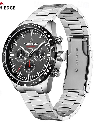 Montre à quartz North Edge pour homme, chronomètre à énergie solaire, étanche 50 m, entièrement en acier inoxydable 316, montre pilote lumineuse