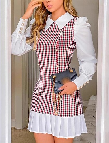  Dames Mini-jurk Geplooide jurk leuke Style Stijlvol Normale pasvorm Ruitjes Lange mouw Overhemdkraag Zwart Rood Regenboog Lente Herfst Winter