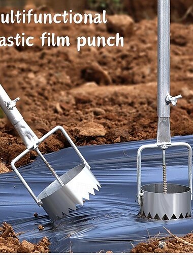  1 ergonomisch roestvrijstalen kassenfolieponsgereedschap, verstelbare multifunctionele perforator met gegalvaniseerde buisbehuizing voor tuinieren en planten, duurzame metalen constructie, kassenbouw