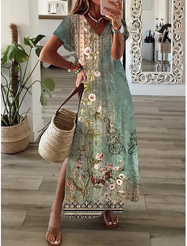  Damen Maxikleid Paisley-Kleid Freizeitkleid Langärmliges Boho-Kleid A Linie Kleid Bohemien Urlaub Vintage Urlaub Täglich Normale Passform Blumen Kurzarm V Ausschnitt Schwarz Rosa Blau Himmelblau