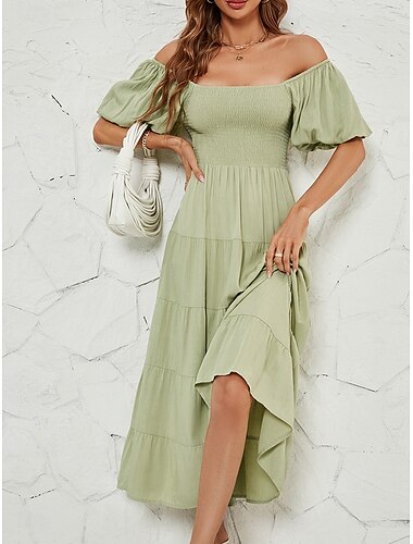  Robe Mini Femme Robe En A Ligne Robe de Laitière Robe Off The Shoulder Robe À Manches Bouffantes Vacances Vacances Quotidienne Coupe Régulière Unie Manches Courtes Hors Épaules Noir Vert Clair Rose