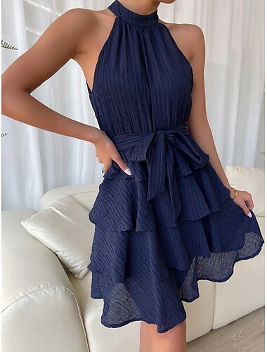  Damen Mini Kleid Lässig Kleid A-Linie Kleid Fit And Flare Kleid Basic Lässig Urlaub Daily Regular Fit Grafik Ärmellos Halterneck Schwarz Rot Blau Lila Sommer