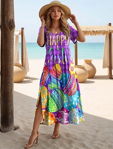  Påskens kvinnor Maxi-klänning Casual Klänning Sundress Semester Tropisk Hawaii Fjäril ärm Semester Strand Regular Fit Brev Kort ärm Crew Neck Lila Sommar