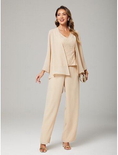  Hosenanzug 3-teiliger Anzug Brautmutterkleid Formal kleid hochzeitsgast Elegant V Ausschnitt Boden-Länge Chiffon Spitze Langarm Jackenkleider mit Applikationen 2025