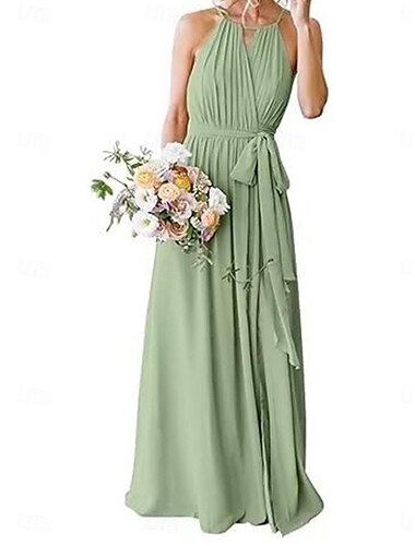  A-Linie Brautjungfernkleid Halfterhals Ärmellos Elegant Boden-Länge Chiffon mit Vorne geschlitzt 2022