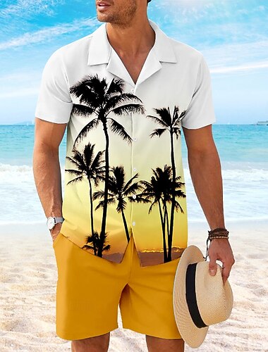  Pánské Kokosová palma 2ks Sady košil Košile Krátký rukáv Krátké kalhoty Kubánský límec prázdniny Běžné Denní Párty Ležérní Denní 3D tisk Léto Tiffany tyrkysová Žlutá Oranžová