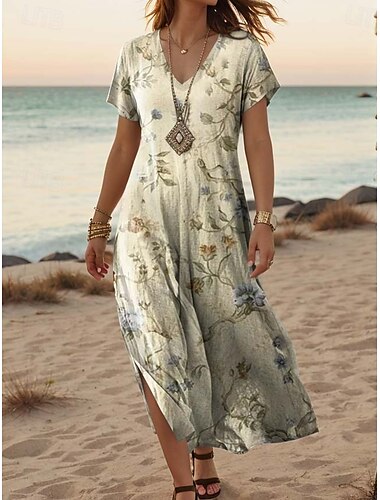  Per donna Abito maxi Vestito Casual Abito a trapezio Elegante Casual Vacanza Quotidiano Vestibilità regolare Floreale Manica Corta Scollo a V Rosso Blu Arancione Verde Estate Primavera