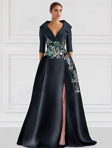  Цветочное вечернее платье A-силуэта Вышитое Элегантное платье Формальная свадьба Длина по полу Полу рукав Рубашечный воротник Сатин с разрезом