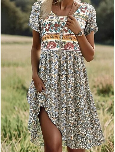  Damen Langes Kleid Maxikleid Freizeitkleid Maxidress Blumenkleid Boho-Kleid Elegant Vintage Stilvoll Urlaub Lässig Täglich Normale Passform Blumen Kurzarm Rundhalsausschnitt Hellgrün Sommer Frühling