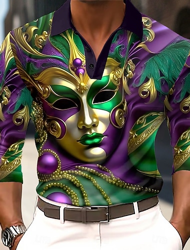  Carnaval Homens Máscara Pólo Manga Longa Camisas polo Camisas de colarinho Vintage Traje de festival Impressão 3D Primavera Outono Inverno Verde