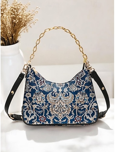  dames vintage bloemenprint schoudertas met gouden kettingriem - stijlvol en elegant, geschikt voor casual en formele gelegenheden, geweldig voor overdag of 's avonds zwart rood blauw