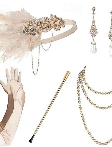  Rugido 20s 1920s Diadema de estilo flapper Conjunto de accesorios El gran Gatsby charlestón Pluma Mujer Año Nuevo Mascarada Fiesta Despedida de Soltera Adulto Guantes Pendientes Collare