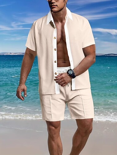 Herren Waffel-Shirt 2 Stück Hemden-Set Sommer-Set Passende Sets Lässiges Hemd Glatt Urlaub Täglich Schwarz Weiß Rote Grün Kurzarm Kragen Sommer Bekleidung