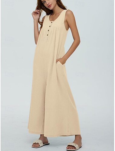  Damen Normal Jumpsuit Aktiv Feste Farbe Ärmellos U-Ausschnitt Knopf Tasche Urlaub Täglich Regular Fit Schwarz Marineblau Blau Sommer