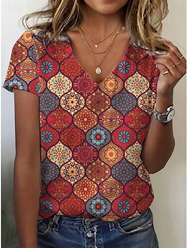  Femme T shirt Géométrique Rétro Vintage mode Décontractées Manche Courte Col V Hauts réguliers du quotidien Boutons Imprimer Rouge Eté Printemps