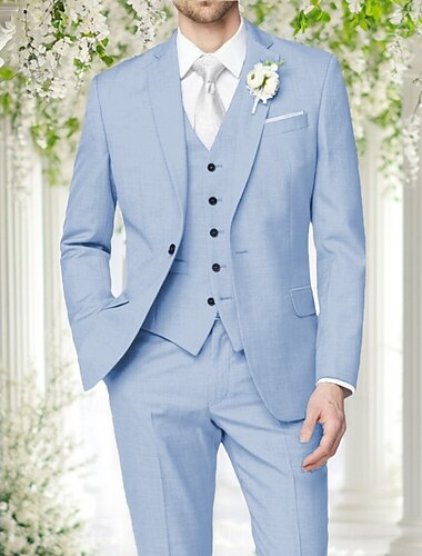  Herren Hochzeits-Leinenanzüge Dunkelkhaki Himmelblau Formal Sommer Einfarbig Tailored Fit 3-teilig Einreiher Ein Knopf