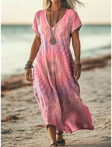  Dames Maxi-jurk Casual jurk A lijn jurk Stijlvol Casual Vakantie Dagelijks Normale pasvorm Bloemig Korte mouw V-hals Licht Roze Licht Paars Paars Beige Lente Herfst