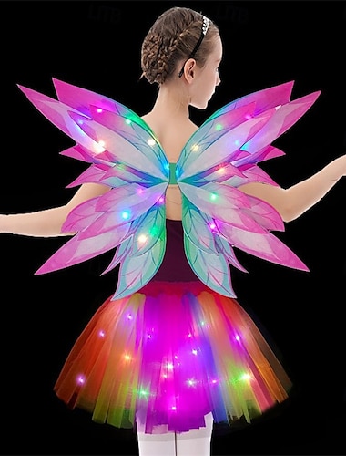  Disfraz de hada elegante con luces para carnaval para niñas: conjunto de 4 piezas con suaves alas de mariposa arcoíris, perfecto para la decoración de carnaval de juegos de princesas