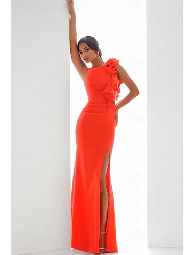  Schlauch  Säule Abendkleid elegantes Kleid formelle Hochzeitsgast bodenlang ärmellos Rundhals Stretch-Crepe mit Rüschen Schlitz Schulterblume 2025