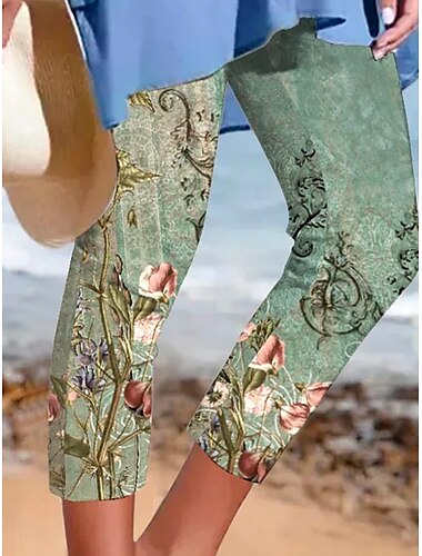  Leggings für Damen Capri-Hosen hohe Elastizität Mode Streetwear Wadenlang Hohe Taille Grafik Pflanzen Druck Atmungsaktiv Weich  Freizeit Alltag Grün Sommer Frühling Reguläre Passform