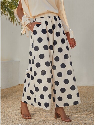  Damen Breites Bein Schaukel Elegant Urlaub Modisch In voller Länge Mittlere Taillenlinie Punkt Elastischer Bund Unelastisch Casual Täglich Beige Sommer Frühling Herbst Lockere Passform
