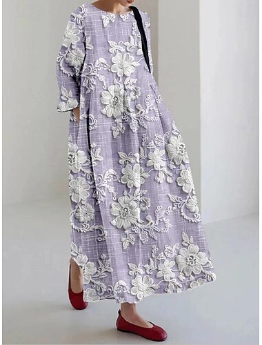  Women's Maxi Dress Casual Dress Casual Vacation Loose Fit Floral Graphic Linen Like 3/4 Length Sleeve Crew Neck Blue Light Purple Green Beige Spring Fall Winter