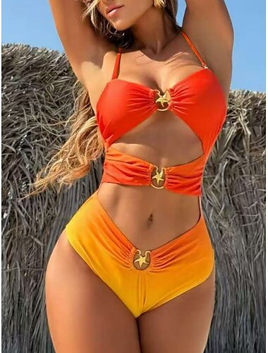  בגדי ריקוד נשים בגדי ים חתיכה אחת מונוקיני בגד ים גב חשוף בקרת בטן מותן גבוה רזה חופשה בגדי חוף Ombre צווארון V ללא שרוולים בגדי ים