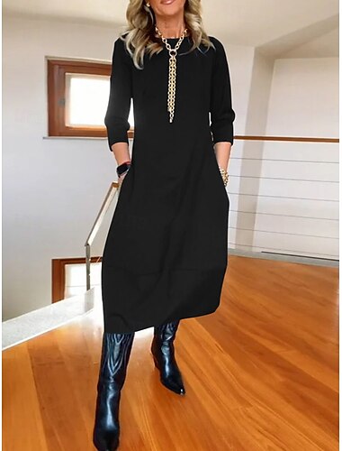  Dames Maxi-jurk Hemdjurk Casual Vakantie Dagelijks Normale pasvorm Effen Lange mouw Strakke ronde hals Zwart Wit Wijn Marineblauw Zomer