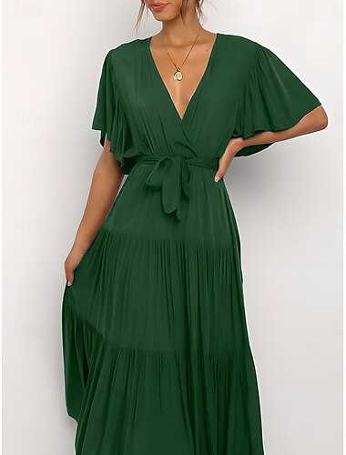  Robe de Graduation Femme Robe Maxi Couleur Unie Robe A Ligne Robe d'Été Fête Classique Semi Formelle Vacances Fête Travail Forme Fit Graphique Uni Manches Courtes Col V Noir Rose Vert Bleu Foncé