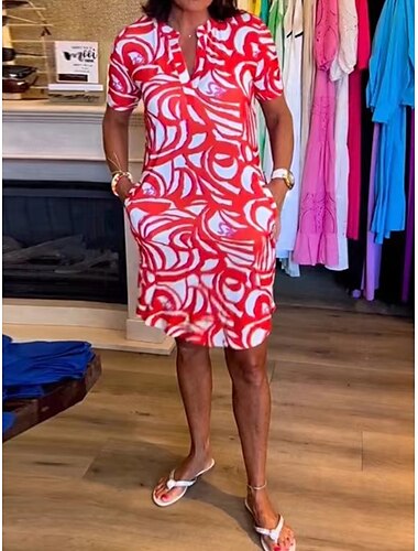  Femme Mini robe Robe Droite Robe d'été Décontractées Vacances du quotidien Standard Graphic Manche Courte Col V Rouge Bleu Vert Eté