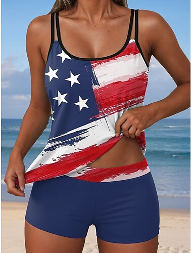  Onafhankelijkheidsdag Vrouwen Badmode Patriotische Vierde van Juli Tankini 2-delige Boyleg Badpak Rugloos Vakantie Strandkleding Vlag U-hals Mouwloze Badpakken