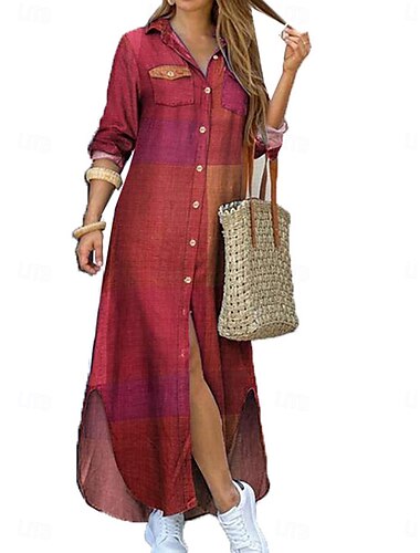  Damen Maxidress blusenkleid Casual kleid Stilvoll Basic Brautkleider schlicht Urlaub Täglich Lockere Passform Graphic Langarm Hemdkragen Wein Rote Blau Khaki Frühling Herbst
