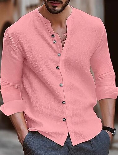  Per uomo Camicia in cotone e lino Semplice Vacanza Nero Bianco Verde chiaro Rosa Manica Lunga Colletto alla coreana Abbigliamento