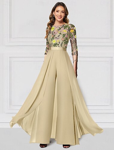  Floral Rosa Jumpsuits Bestickt Formelle Säule Brautmutter Hochzeit Elegant Illusion Kragen Bodenlange Chiffon 3/4-Längenärmel mit Einfarbigen Derby Renn-Tag Kleid 2025