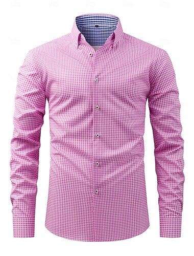  Homens Saia camisa de botão Resistente a rugas Camisa da verificação Xadrez Casamento Trabalho Preto Rosa Azul Marinha Azul Manga Longa Colarinho Verão Primavera Roupa