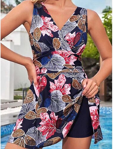  Dam Badkläder Bikini 2 st Pojkeben Baddräkt Öppen rygg Smal Semester Standkläder Blommig V-hals Ärmlös Baddräkter