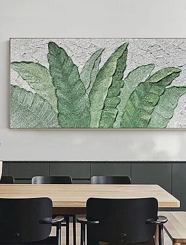  großes handgemachtes Ölgemälde mit grünen Blättern, handgemalte Wandkunst, 100 % handgemachtes Ölgemälde, handgemaltes abstraktes Bananenblatt-Ölgemälde, tropisches Ölgemälde, Wandkunst, modernes