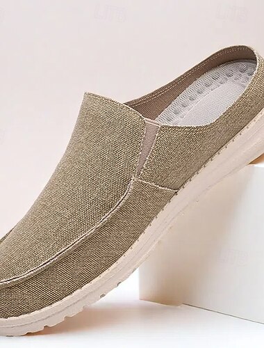  mocassins à enfiler beiges pour hommes avec tige en toile confortable, chaussures décontractées pour un usage quotidien